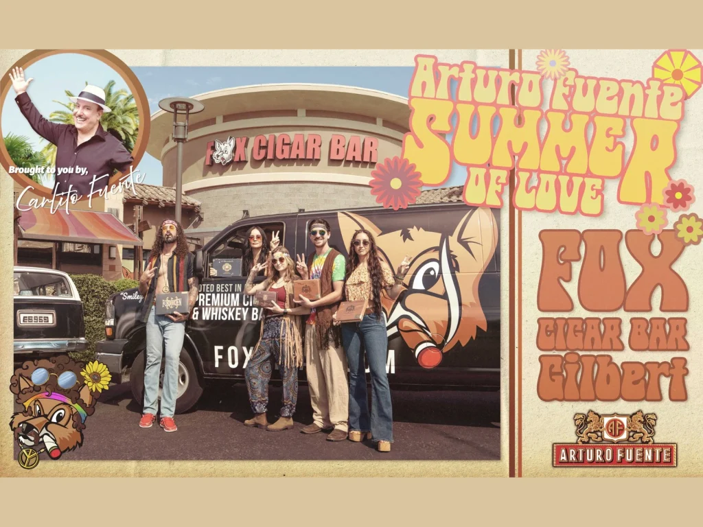 Hippie-dressed guests holding cigar boxes by the Fox van outside Fox Cigar Bar Gilbert, on an Arturo Fuente Summer of Love poster