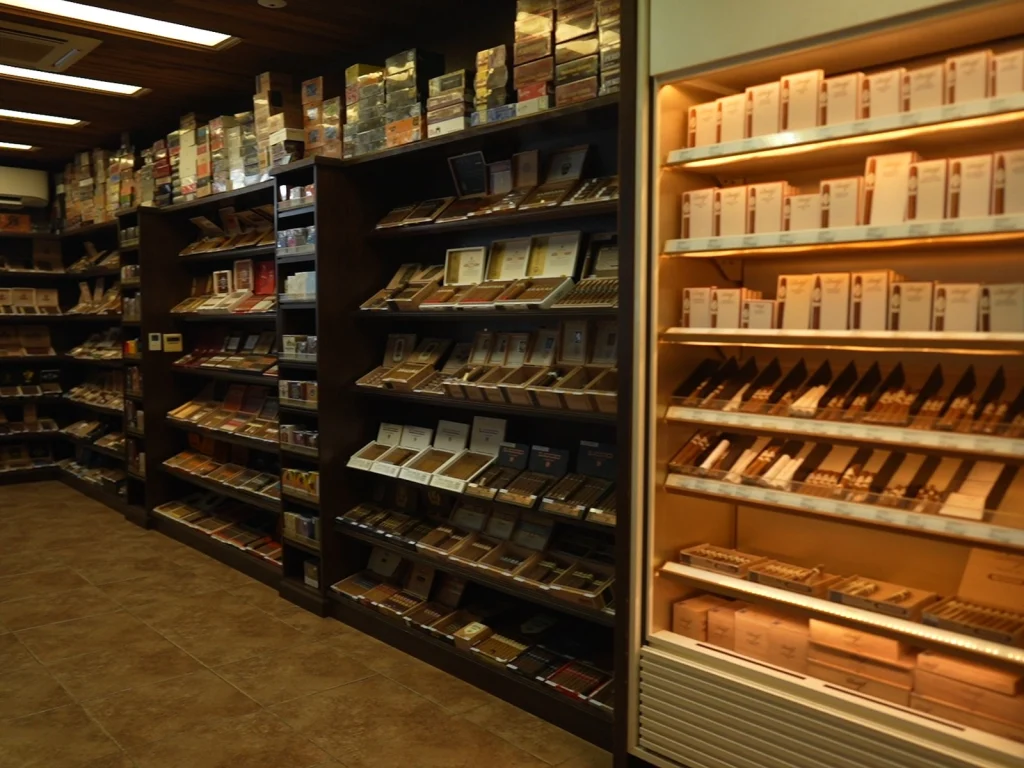 Shelves of cigar boxes and a lit glass display case inside the walk-in humidor at Fox Cigar Bar Gilbert