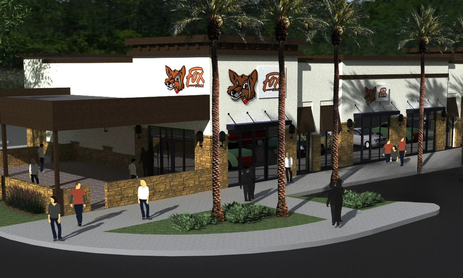 Rendering of the Fox Cigar Bar Surprise storefront with its covered patio and palm trees
