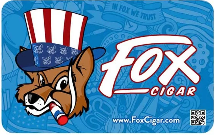 Fox Cigar patriotic gift card: the Fox mascot in a stars-and-stripes hat on blue