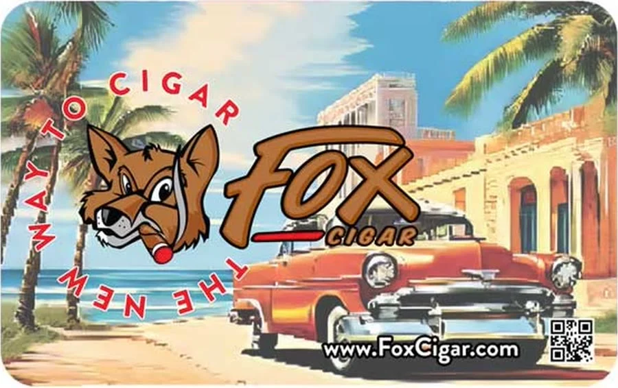 Fox Cigar gift card: a classic red car on a palm-lined street