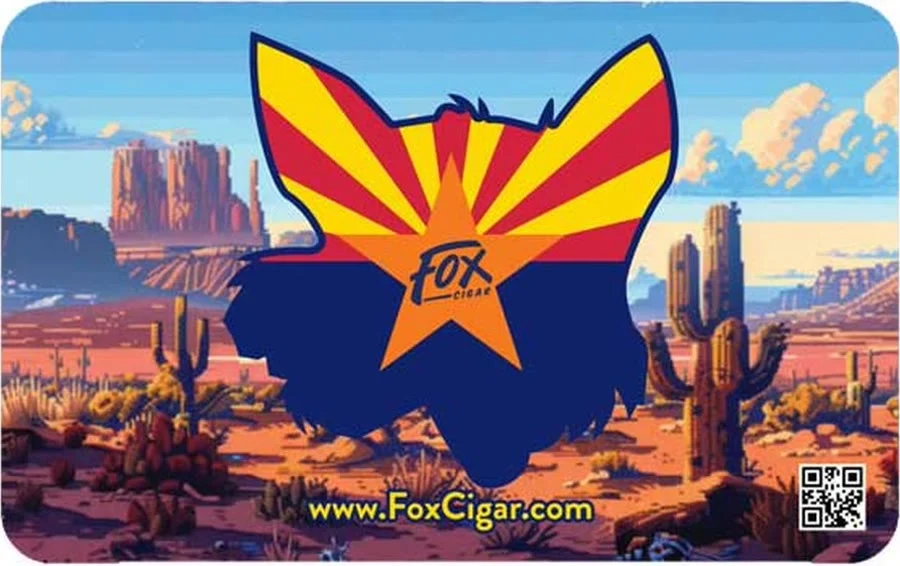 Fox Cigar Arizona gift card: the Arizona flag inside the state outline over a desert landscape