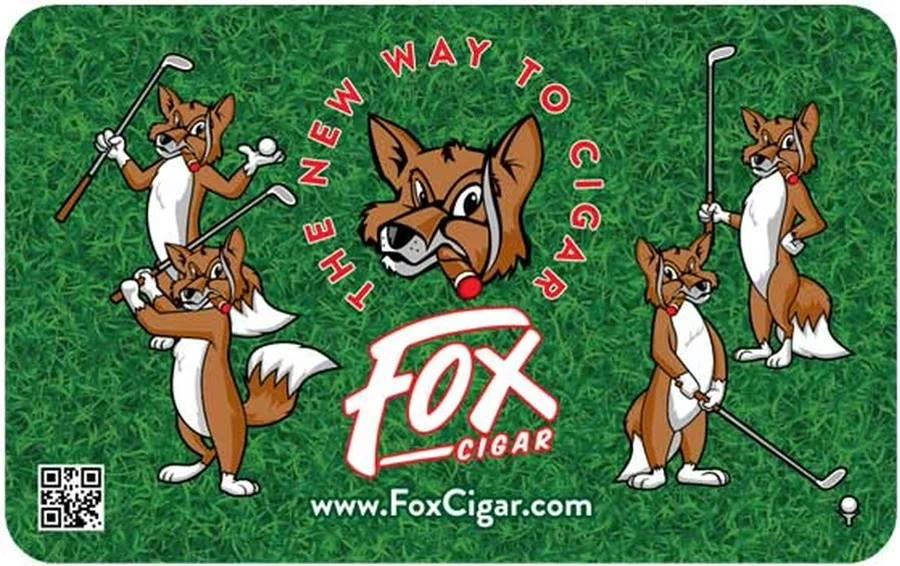 Fox Cigar golf gift card: foxes with golf clubs on a bright green fairway