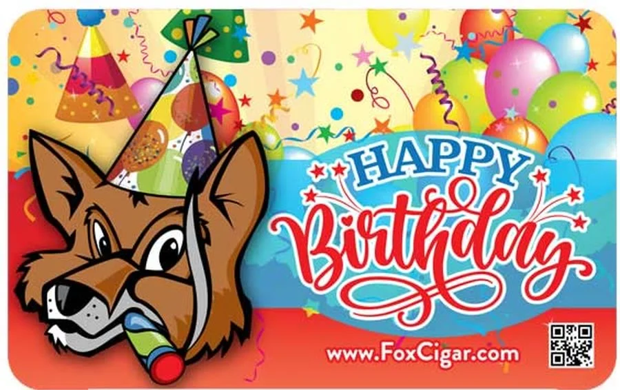 Fox Cigar Happy Birthday gift card: the Fox mascot in a party hat beside balloons and confetti