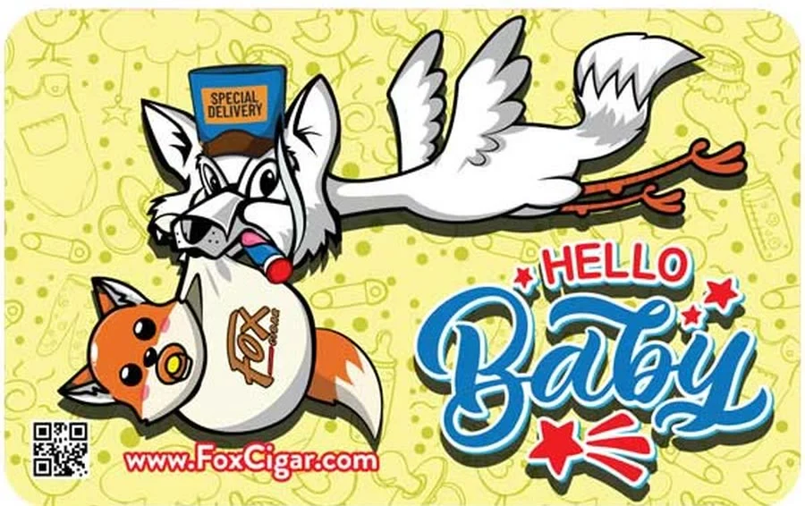 Fox Cigar Hello Baby gift card: a stork carrying a fox cub beside hand-lettered Hello Baby