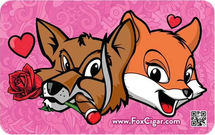 Fox Cigar Fox Love gift card: two foxes with a rose and hearts on pink