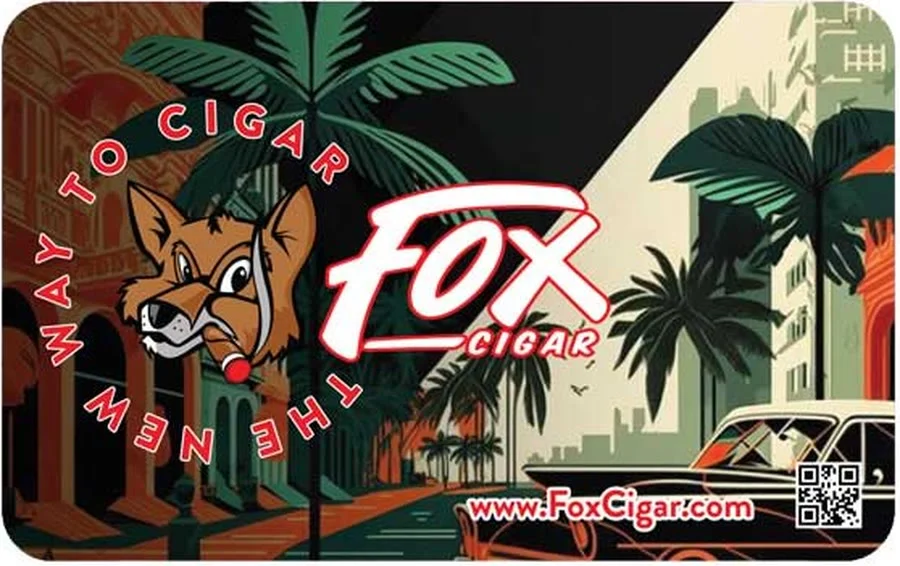 Fox Cigar gift card: the Fox logo over a palm-lined city street at dusk